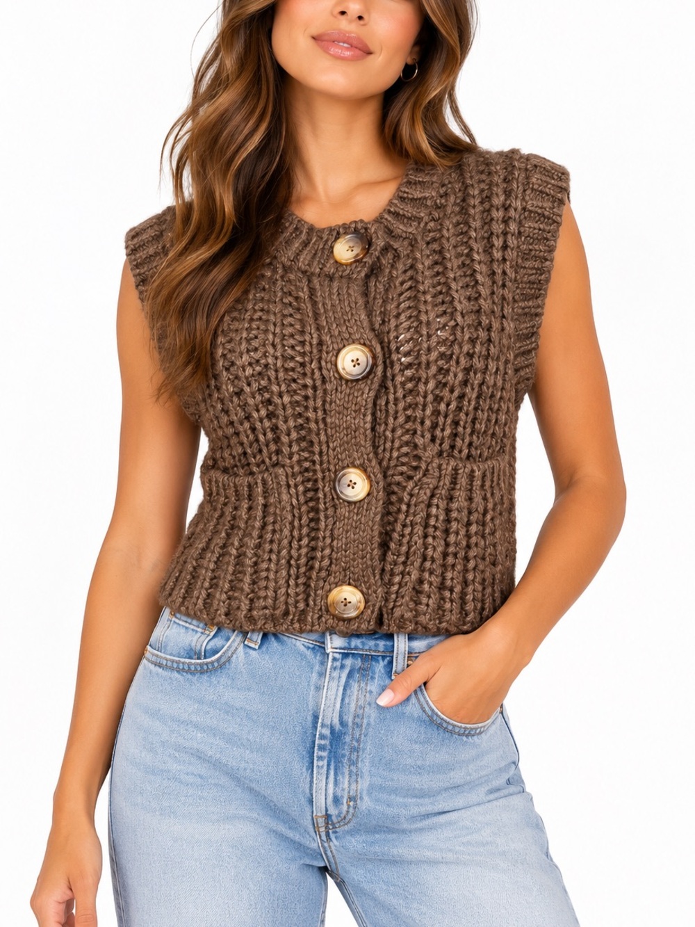 Zara Brown Chunky Knit Button Front Sweater Vest Size Small 🤍
